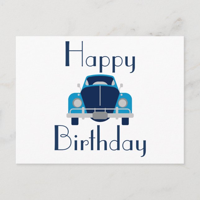 Tarjeta postal de coche azul de cumpleaños feliz (Anverso)