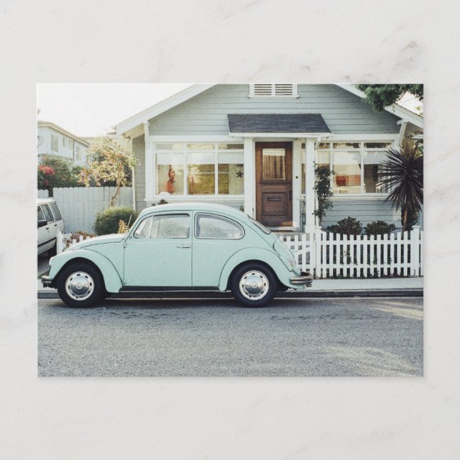Tarjeta postal de coche vintage BLUE BUG & Cottage (Anverso)