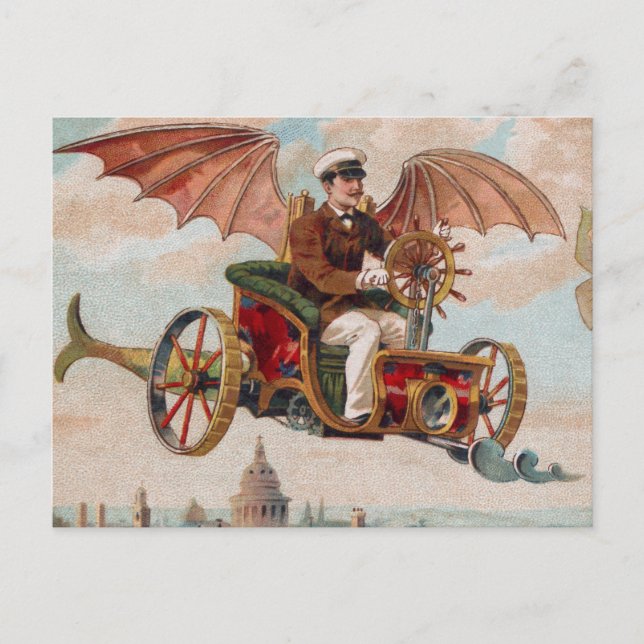 Tarjeta postal de coche volador steampunk (Anverso)