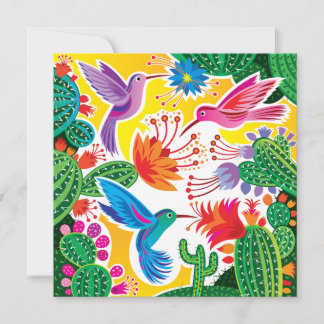 Tarjeta postal de colibríes y cactus en flor