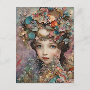 Tarjeta postal de collage de mujer y flores