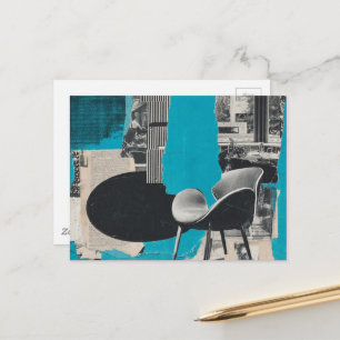Tarjeta postal de collage de piano y silla azul bl