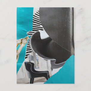 Tarjeta postal de collage de piano y silla azul bl