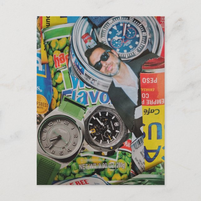Tarjeta postal de collage de relojes y hombre con  (Anverso)