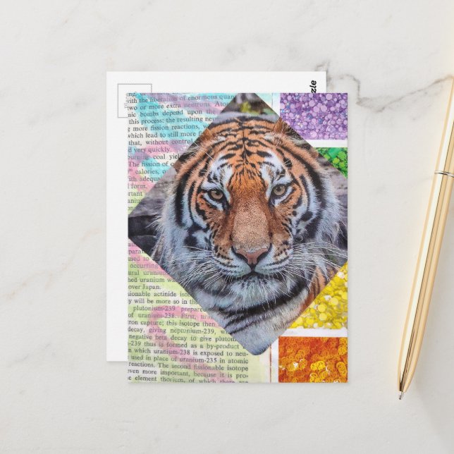 Tarjeta postal de collage de tigre colorido único (Anverso/Reverso In Situ)