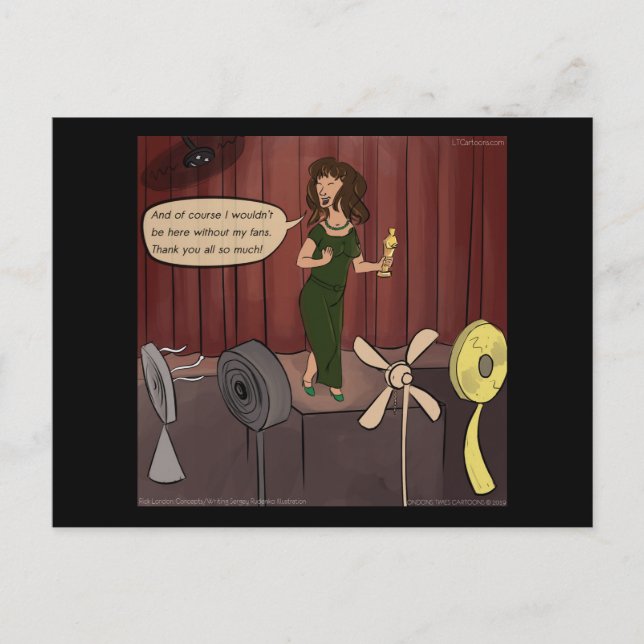 Tarjeta postal de cómic divertida sin mis fans pun (Anverso)