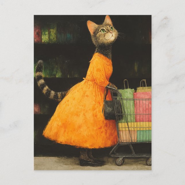 Tarjeta postal de compras de gato adorable (Anverso)