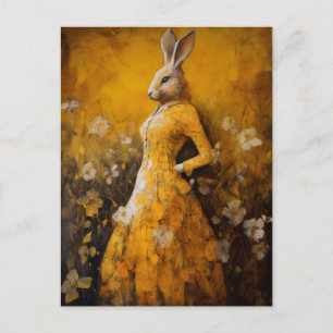 Tarjeta postal de conejo con vestido amarillo