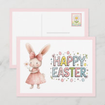 Tarjeta postal de conejo rosa de Pascua feliz