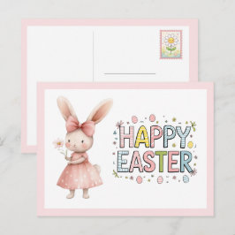 Tarjeta postal de conejo rosa de Pascua feliz