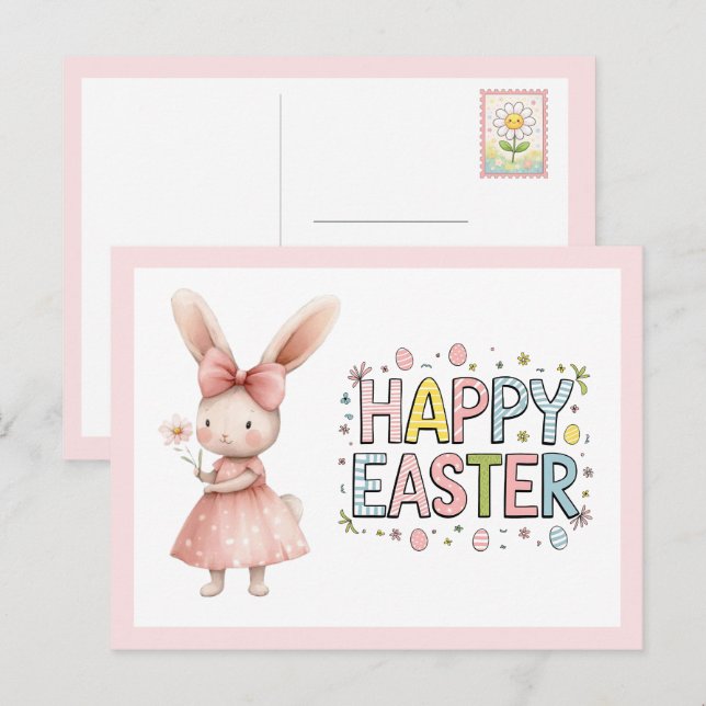 Tarjeta postal de conejo rosa de Pascua feliz (Anverso / Reverso)