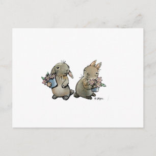 Tarjeta postal de conejos con flores
