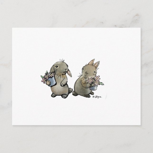 Tarjeta postal de conejos con flores (Anverso)