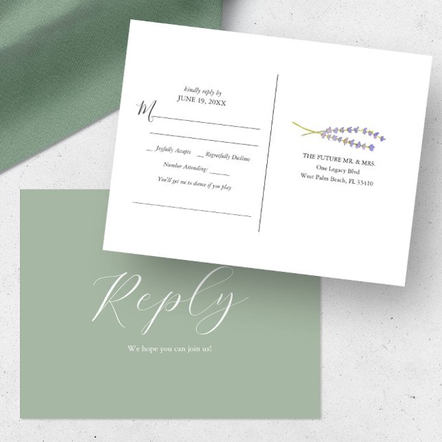 Tarjeta postal de confirmación de solicitud de can (Minimalistic watercolor lavender sprigs art & sage green by Victoria Grigaliunas of Do Tell A Belle)