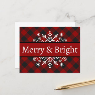 Tarjeta postal de copo de nieve Plaid Merry & Brig