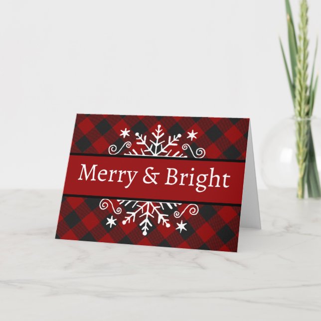 Tarjeta postal de copo de nieve Plaid Merry & Brig (Anverso)