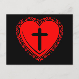 Tarjeta postal de corazón gótico + cruz (negro + r