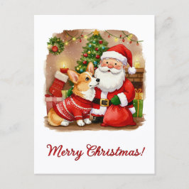 Tarjeta postal de Corgi de Navidad y Santa