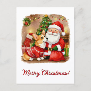 Tarjeta postal de Corgi de Navidad y Santa