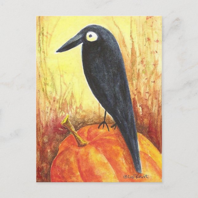 Tarjeta postal de Cuervo en Calabaza por Liz Revit (Anverso)