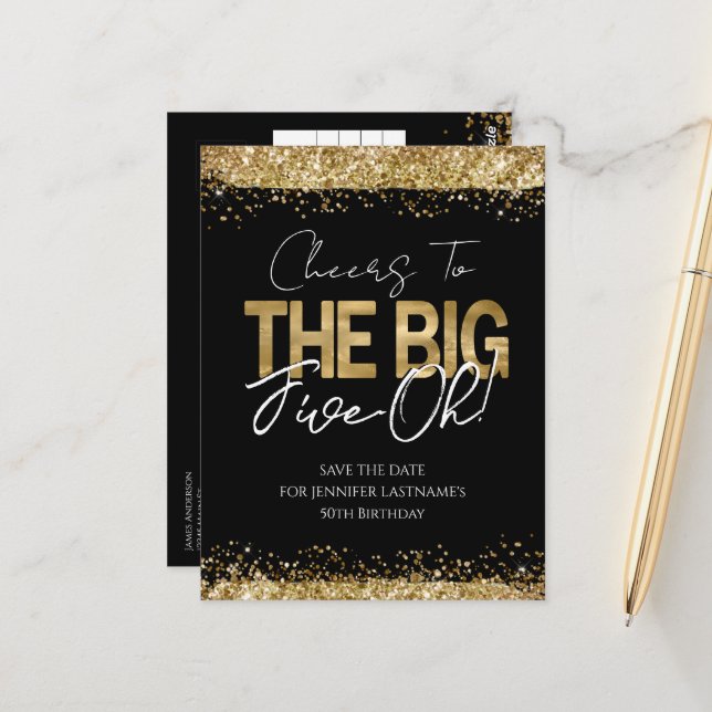 Tarjeta postal de cumpleaños 50 dorado negro para  (Anverso/Reverso In Situ)