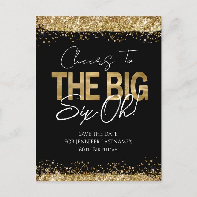 Tarjeta postal de cumpleaños 60 dorado negro Save  (Anverso)