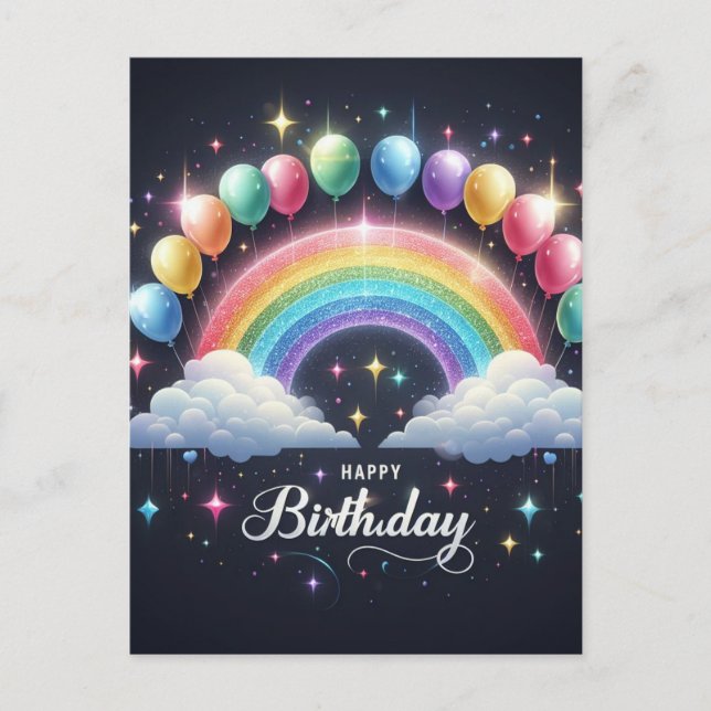Tarjeta postal de cumpleaños - Arcoíris y globos b (Anverso)