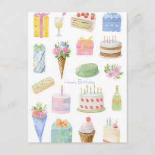 Tarjeta postal de cumpleaños con acuarela
