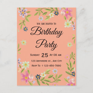 Tarjeta postal de cumpleaños con acuarela floral