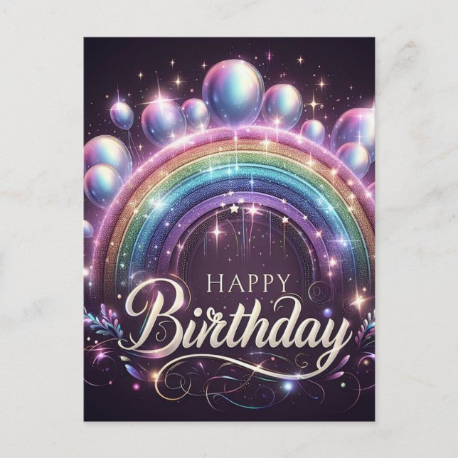 Tarjeta postal de cumpleaños con arcoíris y globos (Anverso)