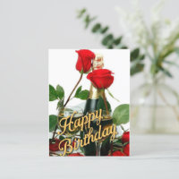 Tarjeta postal de cumpleaños con champán y rosas r