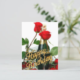 Tarjeta postal de cumpleaños con champán y rosas r