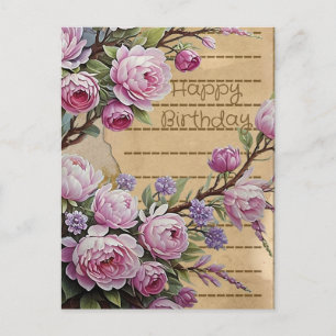 Tarjeta postal de cumpleaños con flores vintage ro