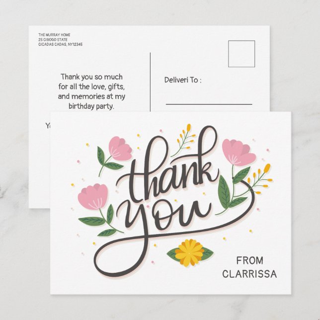 tarjeta postal de cumpleaños con letra moderna (Anverso / Reverso)