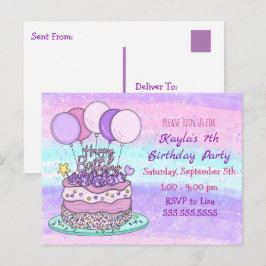 Tarjeta postal de cumpleaños de Chica rosa y púrpu