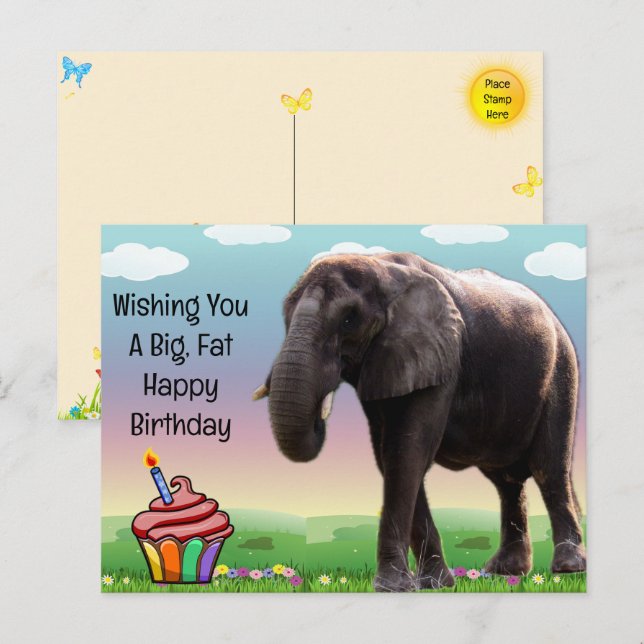 Tarjeta postal de cumpleaños de elefante divertido (Anverso / Reverso)