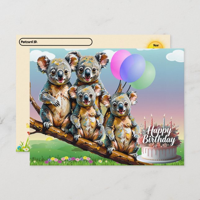 Tarjeta postal de cumpleaños de la familia Koala e (Anverso / Reverso)