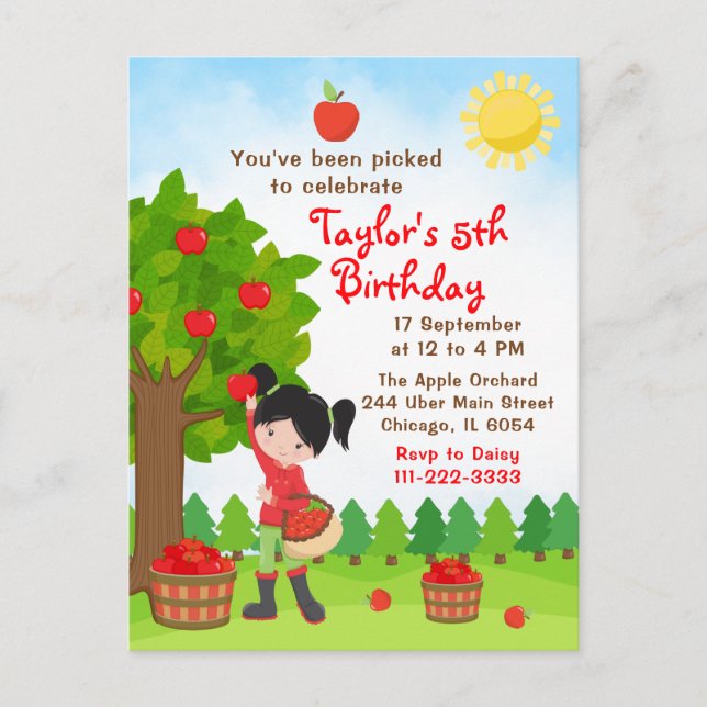 Tarjeta postal de cumpleaños de niña de pelo negro (Anverso)