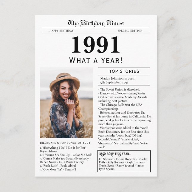 Tarjeta postal de cumpleaños de periódico de 1991 (Anverso)