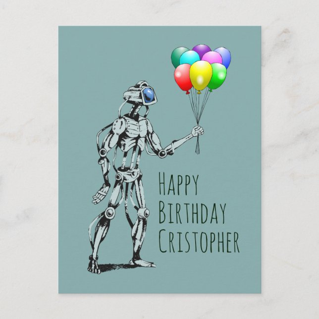 Tarjeta postal de cumpleaños de robot con globos (Anverso)
