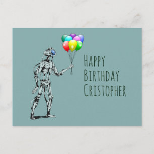 Tarjeta postal de cumpleaños de robot con globos