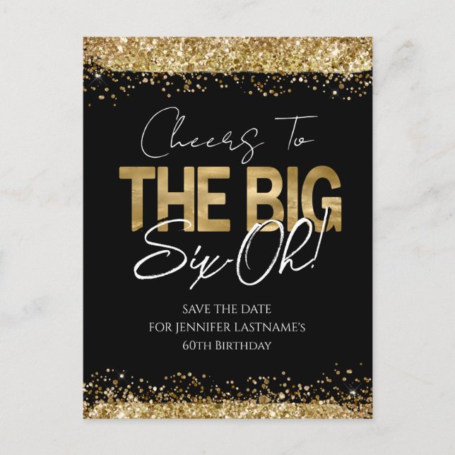Tarjeta postal de cumpleaños número 60 dorado y ne (Anverso)