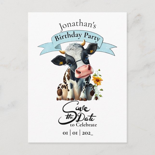 Tarjeta postal de cumpleaños para niño de Vaca Neg (Anverso)