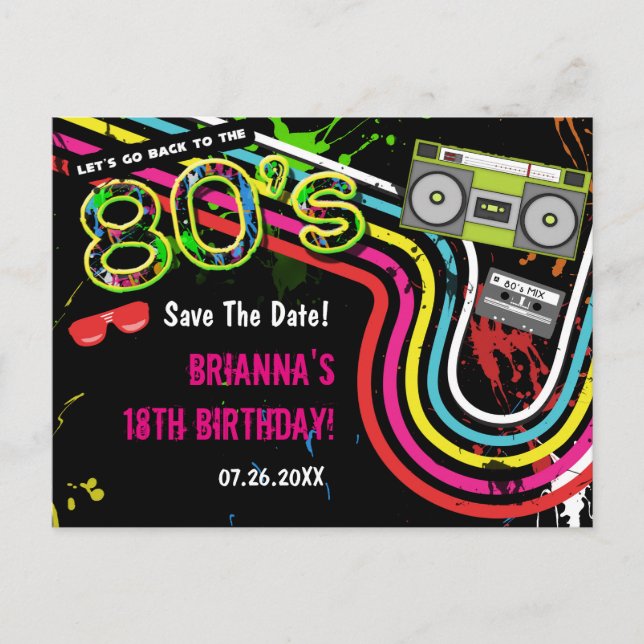 Tarjeta postal de cumpleaños retro de los 80 para  (Anverso)