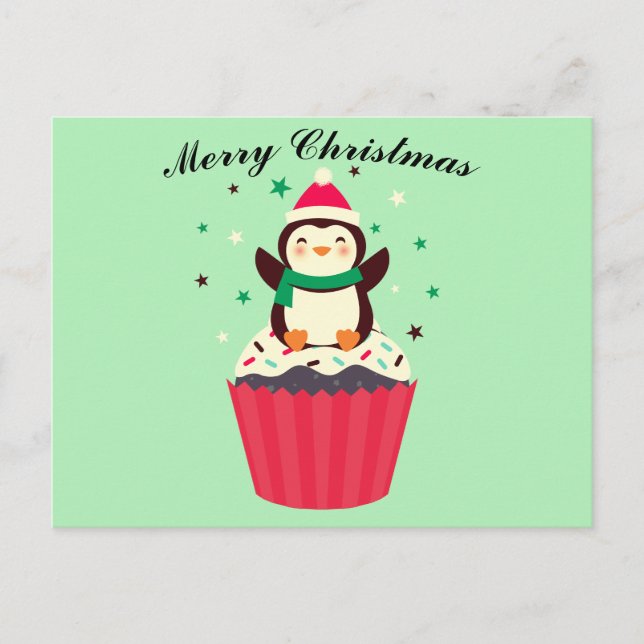 Tarjeta postal de Cupcake de Pingüino Feliz Navida (Anverso)