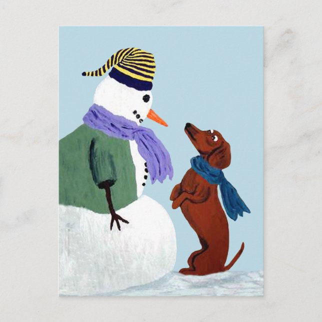 Tarjeta Postal De Dachshund Y Muñeco De Nieve (Anverso)