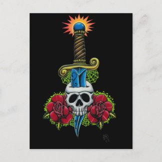 Tarjeta postal de daga, cráneo y Rosas