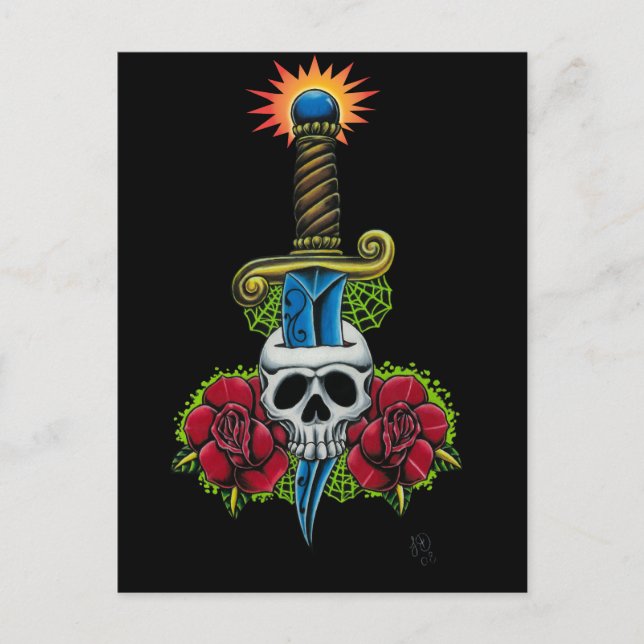 Tarjeta postal de daga, cráneo y Rosas (Anverso)