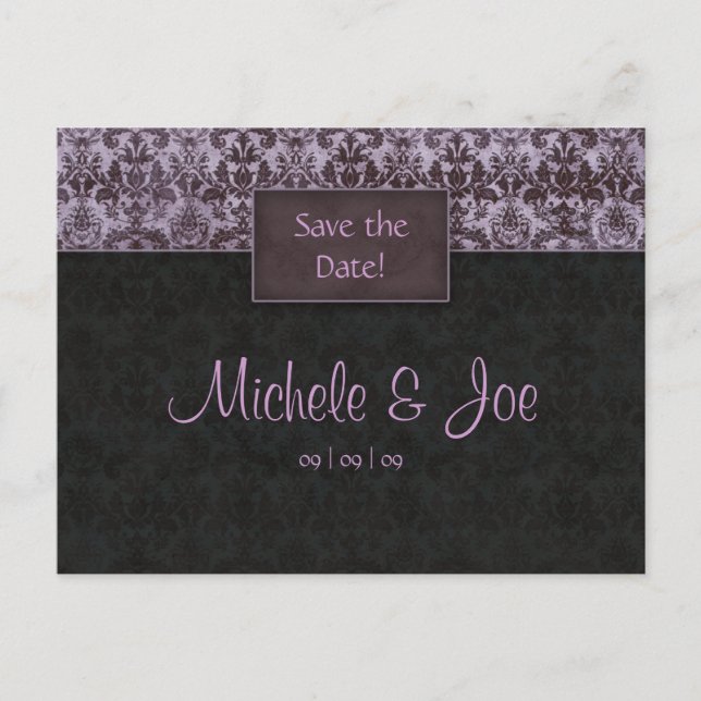 Tarjeta Postal de Damask Negro Morado para Guardar (Anverso)