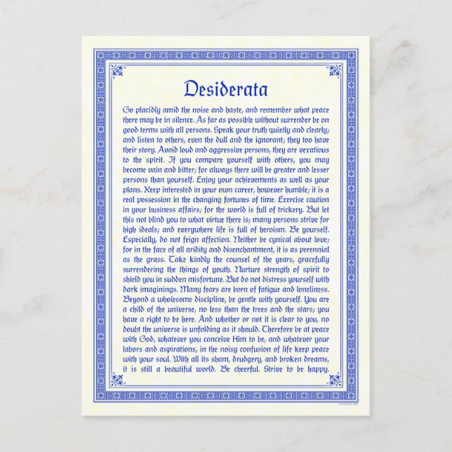 Tarjeta postal de Desiderata (Anverso)